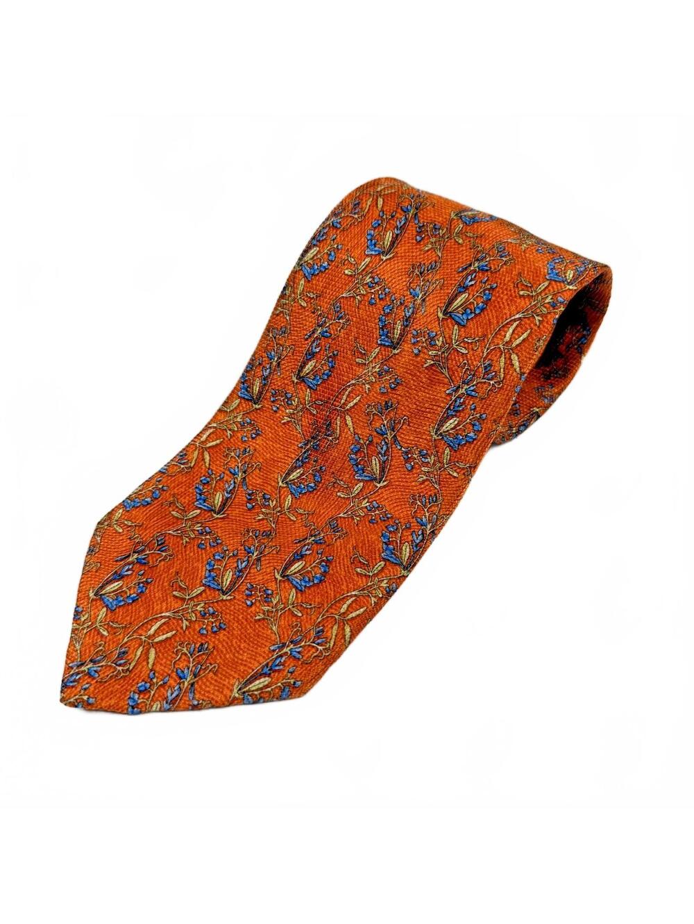 DESANTIS COLLECTION 100% Seta Silk Soie Necktie Mens  Orange Tan Blue Vine SHARP